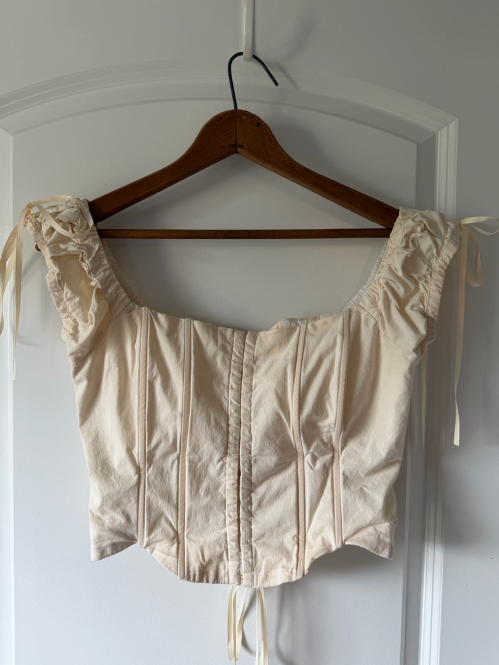 Cream Corset Ren Faire Crop Top with Coquette Ruche Sleeves